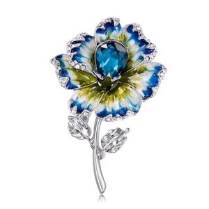 Blue Green Crystal Flower Brooch